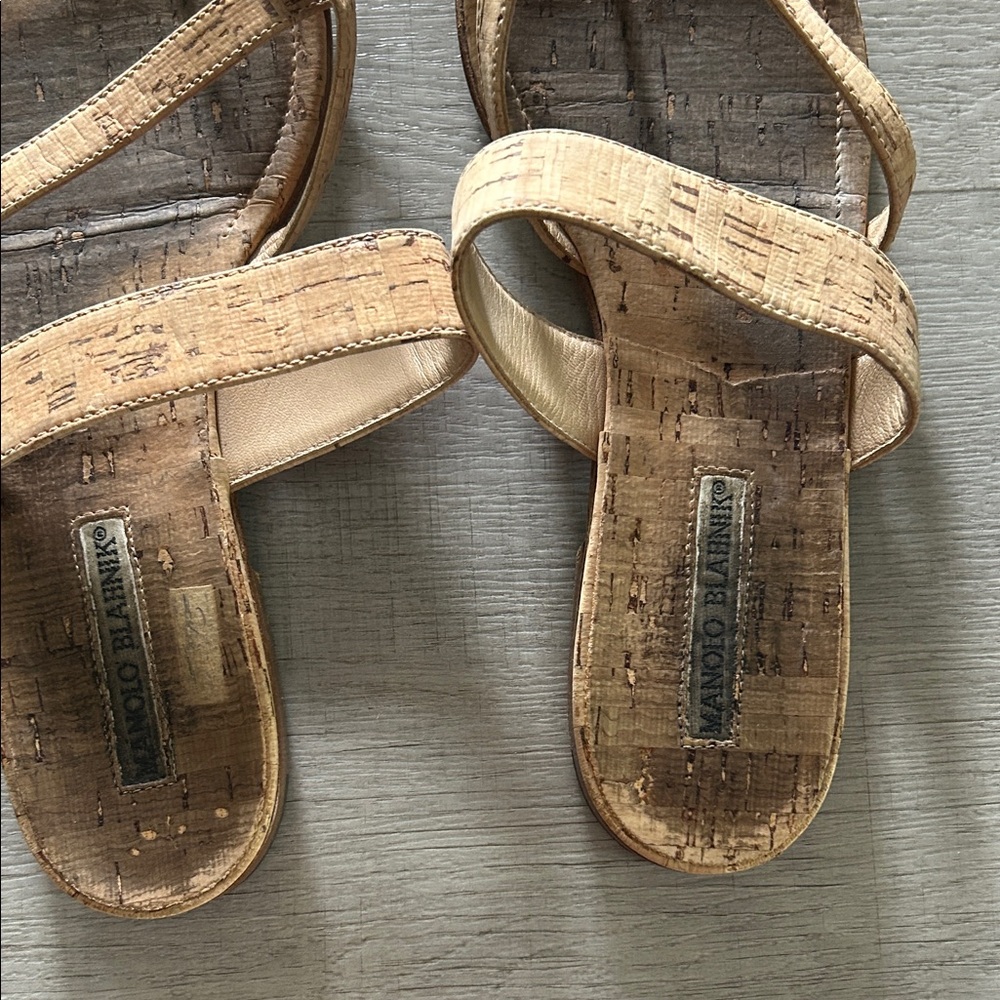 Manolo Blahnik Cork Sandals in Tan